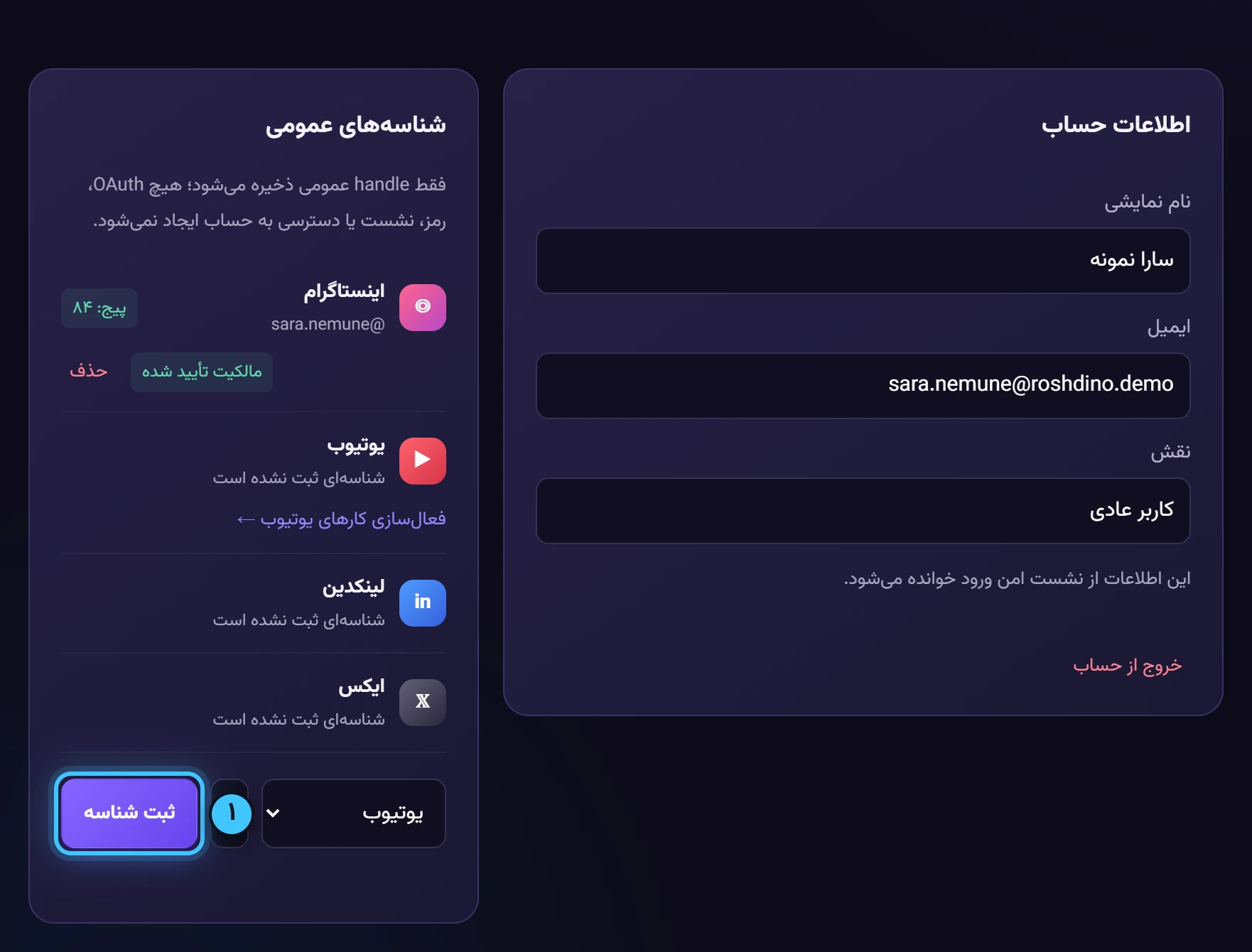 شناسههای عمومی — تصویر واقعی پنل رشدینو