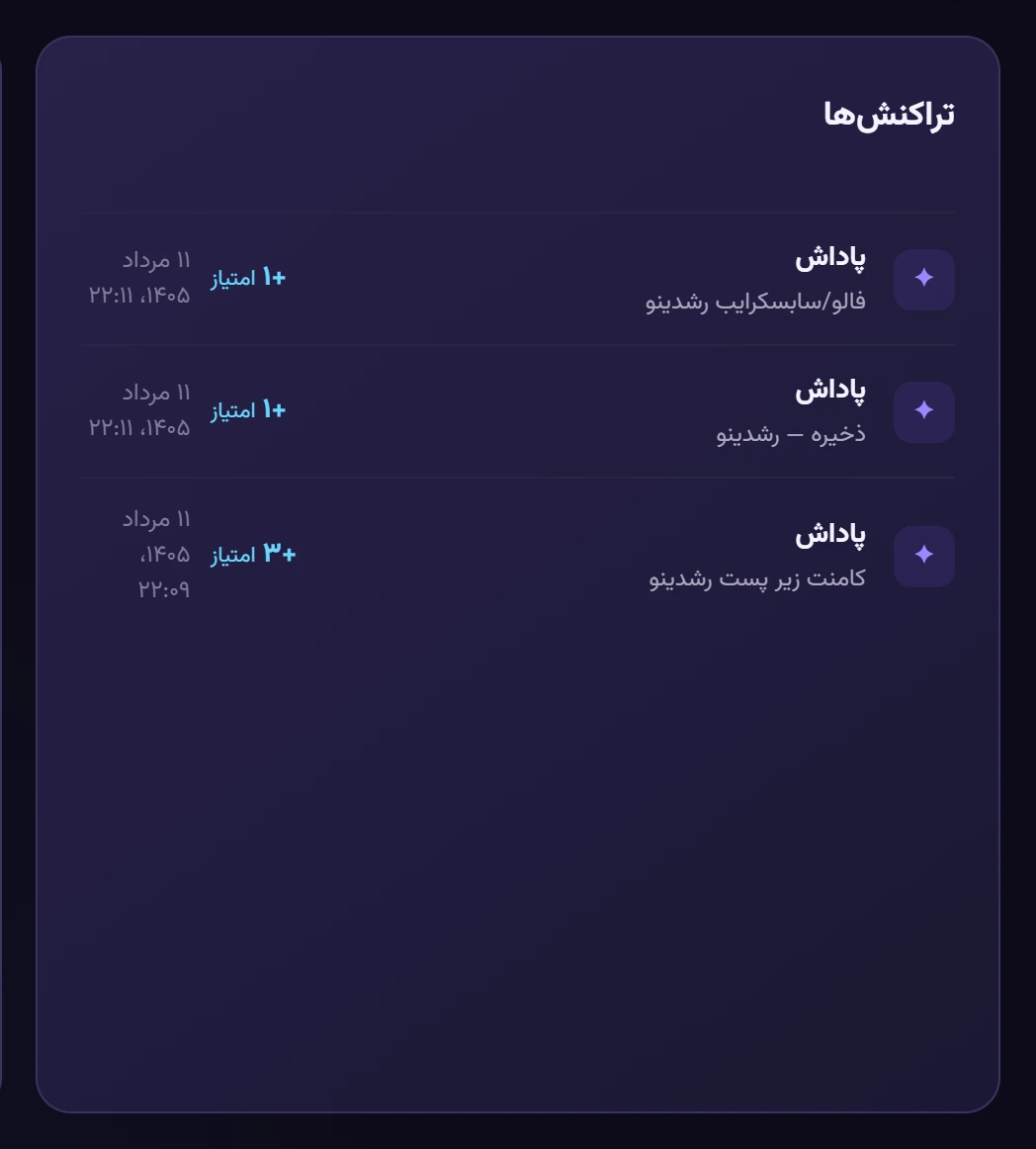 دفتر تراکنشها — تصویر واقعی پنل رشدینو
